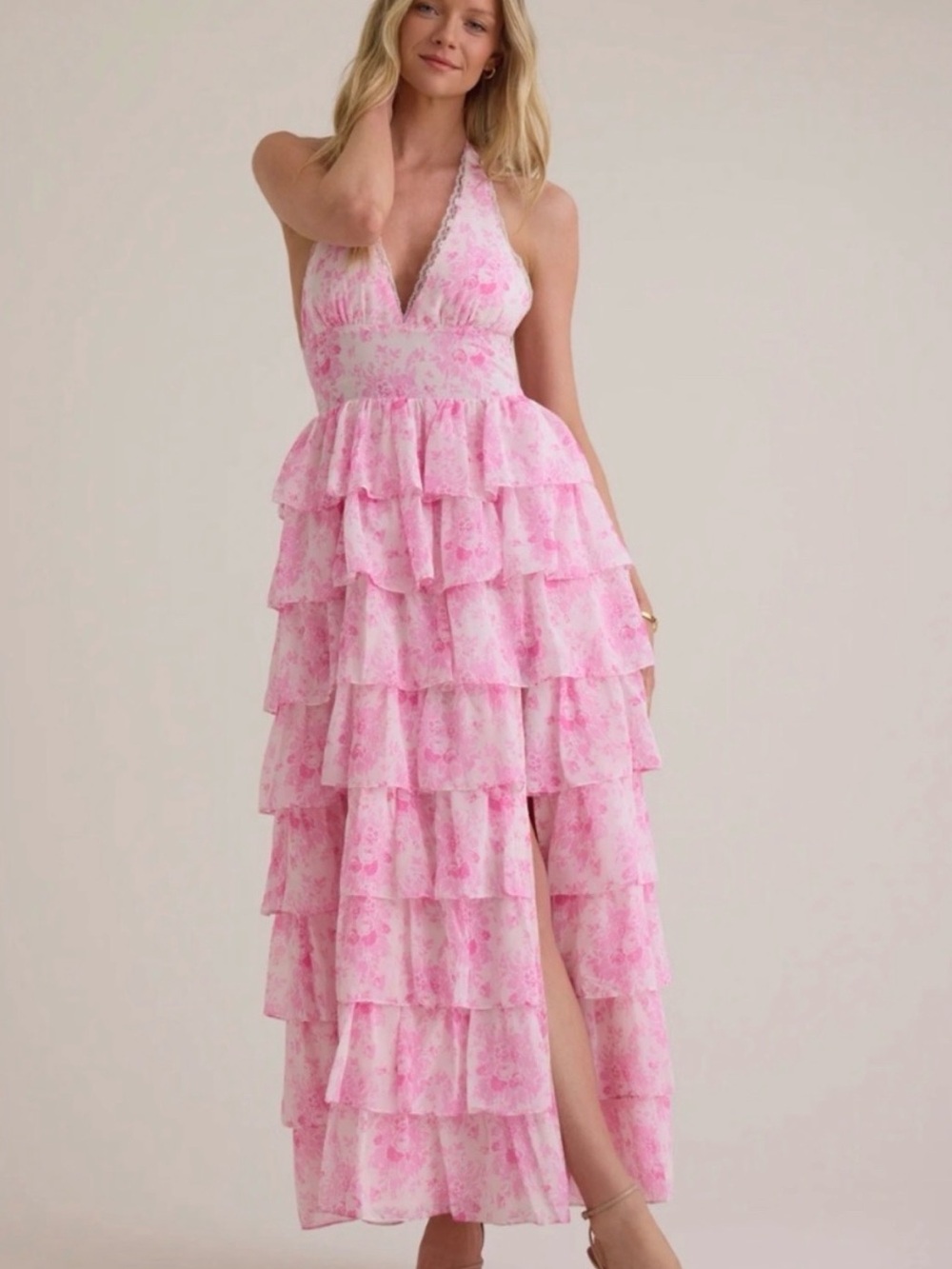 Altar'd State Pink Floral Halter Tiered Maxi Dress